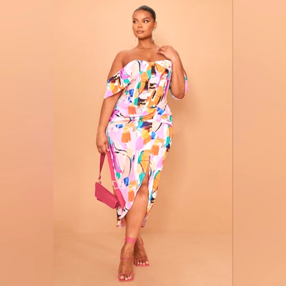 Pretty Little Thing Multi Color Ruched Side Bardot Dress